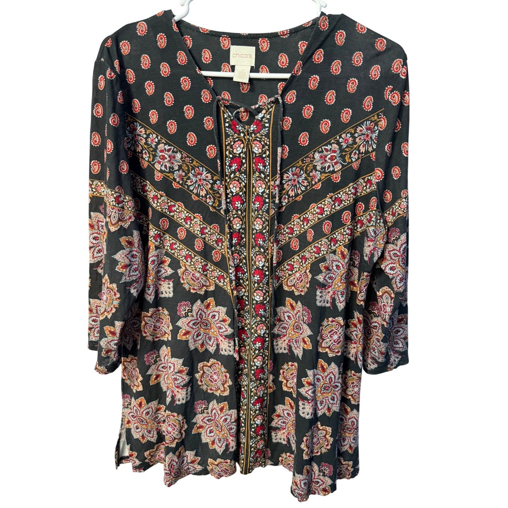 Chico's Paisley Tunic Women 2 Black Red 3/4 Sleeve Tie Neck